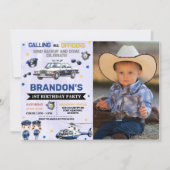 警察ボーイの1歳誕生日パーティーの写真 招待状 (正面)