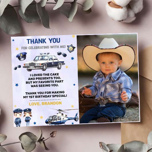 警察ボーイ誕生日パーティー写真ありがとうカード 招待状