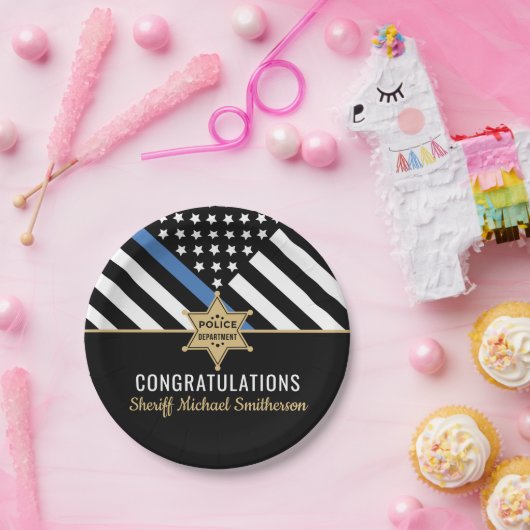 警察保安官の退職金の細い青い線のフラグ ペーパープレート (パーティー)