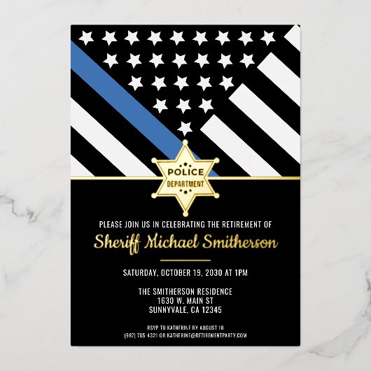 警察保安官の退職金の細い青い線のフラグ 箔招待状 (正面)