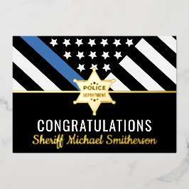 警察保安官退職青色線おめでとうカード 箔招待状