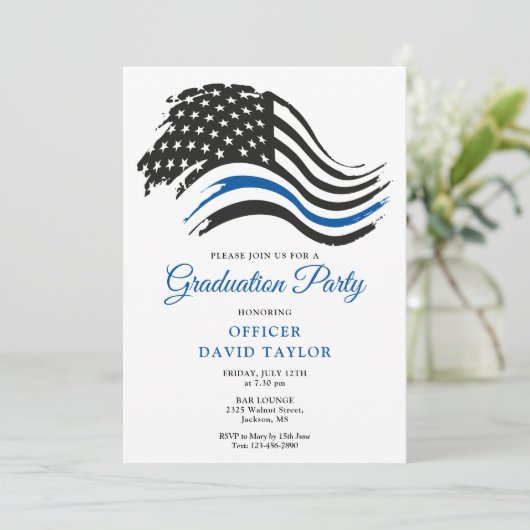 警察卒業パーティーの細いブルーライン国旗 招待状 (スタンド正面)