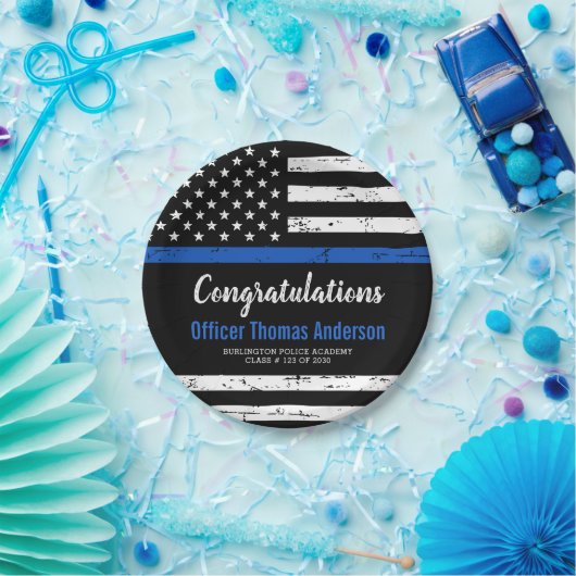 警察卒業党細擦り切れた青ライン国旗 ペーパープレート (パーティー)