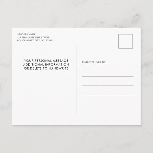 警察卒業式アメリカ国旗の薄い青い線 インビテーションポストカード (裏面)