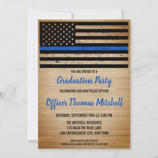 警察卒業式アメリカ国旗の薄い青い線 招待状 (正面)