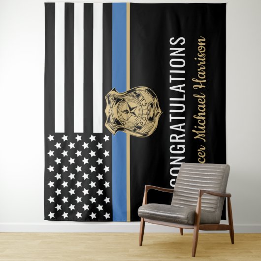 警察卒業青い線の旗おめでとう タペストリー (インサイチュ)