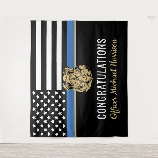 警察卒業青い線の旗おめでとう タペストリー (正面)