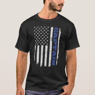 警察大尉シンブルーラインアメリカ国旗USA Tシャツ