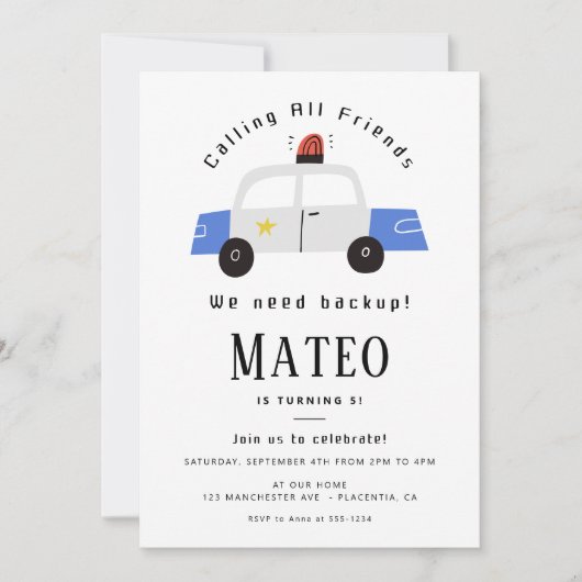 警察子供の誕生日パーティーミニマル 招待状 (正面)