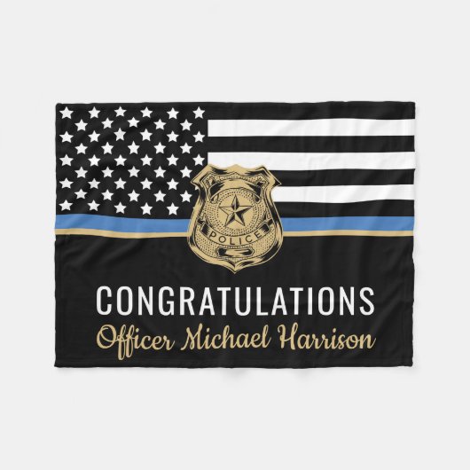 警察学校の卒業式の細いブルーライン国旗 フリースブランケット (正面(横))