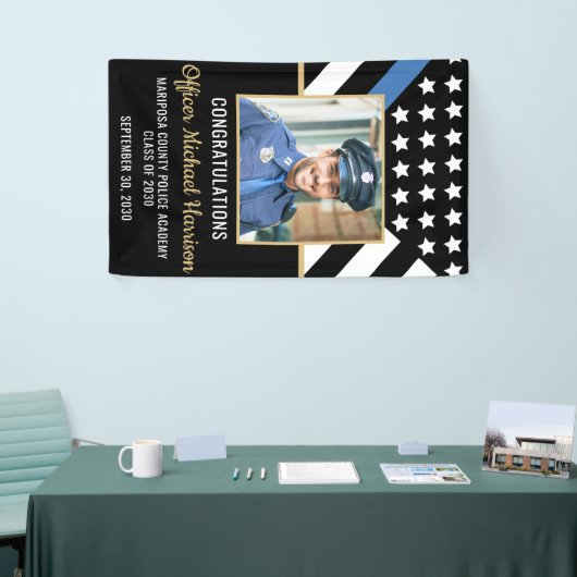 警察学校の卒業式パーティーのブルーライン写真 横断幕 (トレードショー)