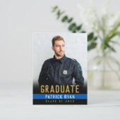 警察学校卒業証写真招待状 薄い青いライン ポストカード (スタンド正面)