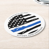 警察官のパーティー薄い青い線のお祝い ラウンドペーパーコースター (アングル)