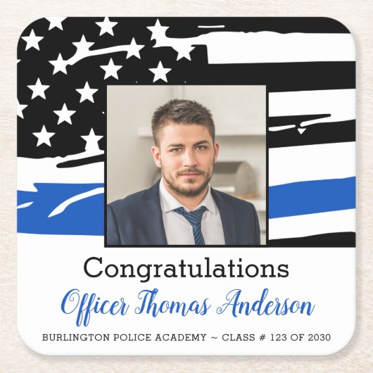警察官の写真青の細い線の卒業 スクエアペーパーコースター (正面)