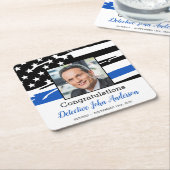 警察官の写真、青い細線の引退  スクエアペーパーコースター (アングル)