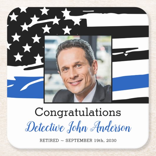 警察官の写真、青い細線の引退  スクエアペーパーコースター (正面)