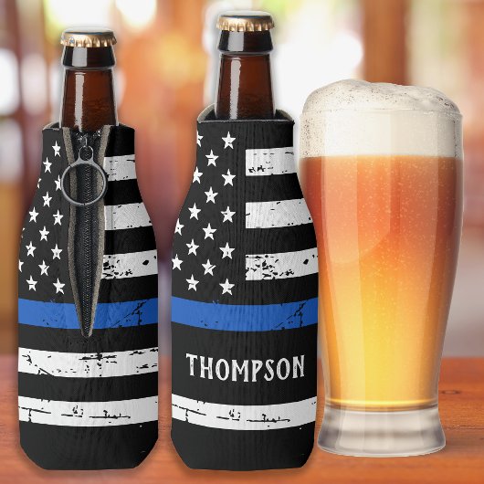 警察官の名前をカスタムする薄い青い線 ボトルクーラー