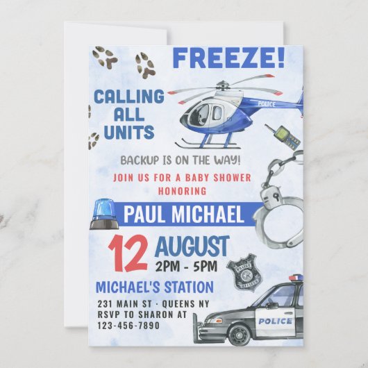 警察官の少年の赤ちゃんシャワーパーティー 招待状 (正面)