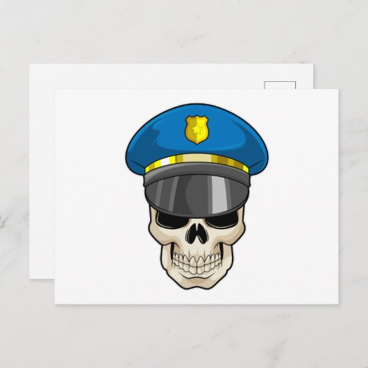 警察官の帽子を被ったドクロ ポストカード (正面/裏面)