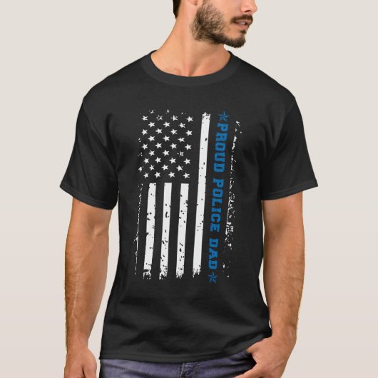 警察官の父として誇りを持つポリスダッド アメリカ国旗 Tシャツ (正面)