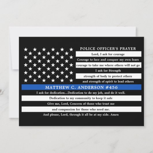 警察官の祈りの言葉パーソナライズされた薄いブルーライン サンキューカード (正面)