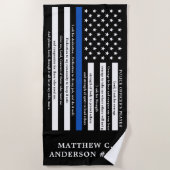 警察官の祈りの言葉パーソナライズされた薄いブルーライン ビーチタオル (正面)