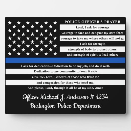 警察官の祈りの言葉薄い青い線旗 フォトプラーク (正面)