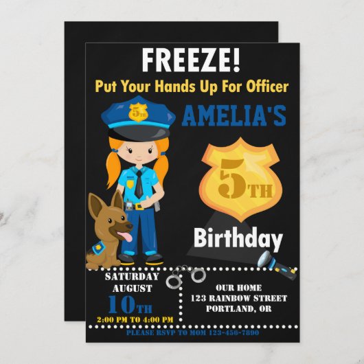 警察官の誕生日の招待コプスパーティー 招待状 (正面/裏面)