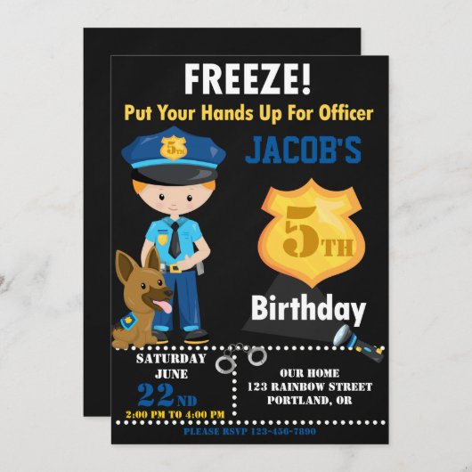 警察官の誕生日の招待状ボーイコプスパーティー 招待状 (正面/裏面)