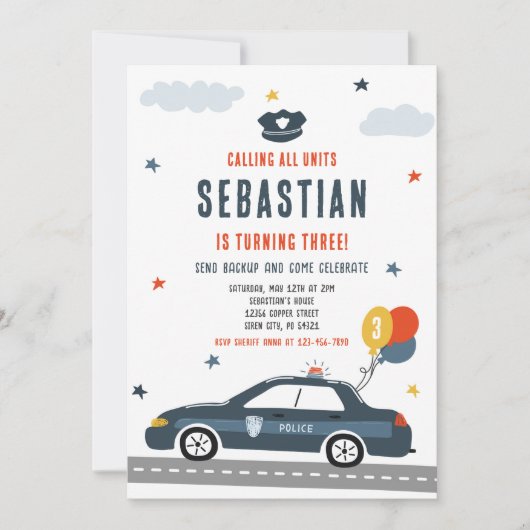 警察官の警察官の警官の車の誕生日パーティー 招待状 (正面)
