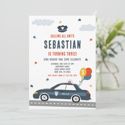 警察官の警察官の警官の車の誕生日パーティー 招待状 (スタンド正面)