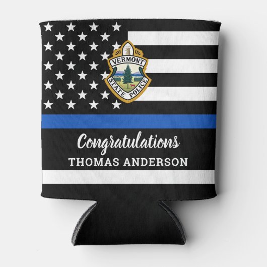 警察官の退職の薄い青い線のロゴ 缶クーラー (正面)