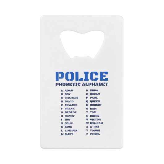警察官の音声AからZのアルファベット クレジットカード栓抜き (正面)