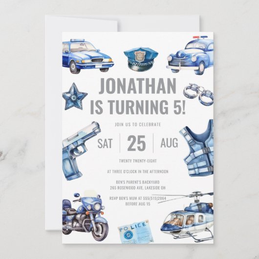 警察官をテーマにした男の子5th誕生日パーティー 招待状 (正面)