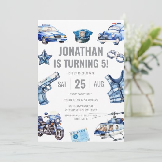 警察官をテーマにした男の子5th誕生日パーティー 招待状 (スタンド正面)