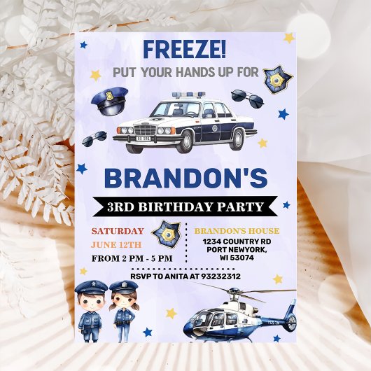警察官ボーイ3歳の誕生日パーティー 招待状