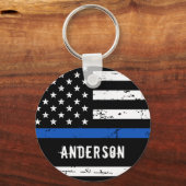 警察官名パーソナライズされたThin Blue Line キーホルダー (正面)