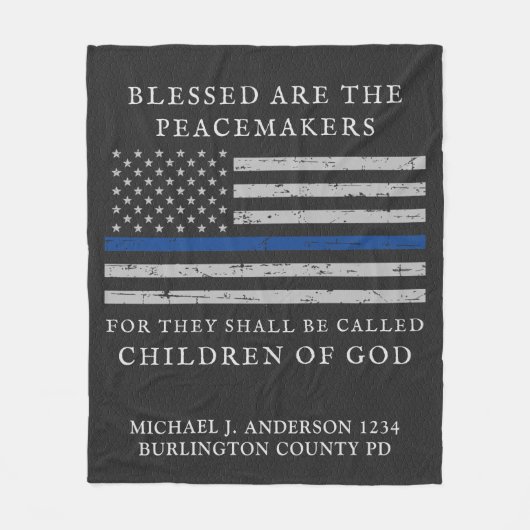 警察官擦り切れた旗名薄青ライン フリースブランケット (正面)