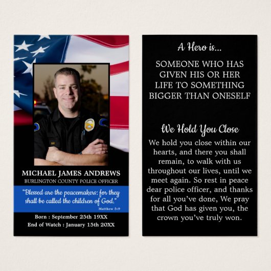 警察官葬式祈りの言葉カードヒーロー記念 (正面&裏面)