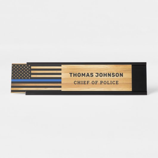 警察官薄青ライン国旗の木素朴 デスクネームプレート (正面)