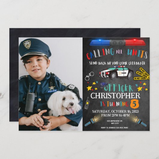 警察官警察誕生日カスタム写真 招待状 (正面/裏面)