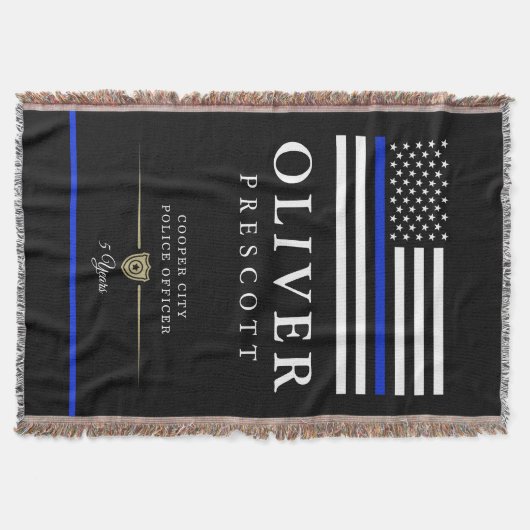 警察官|細い青い線のテーマ付き黒 スローブランケット (正面)