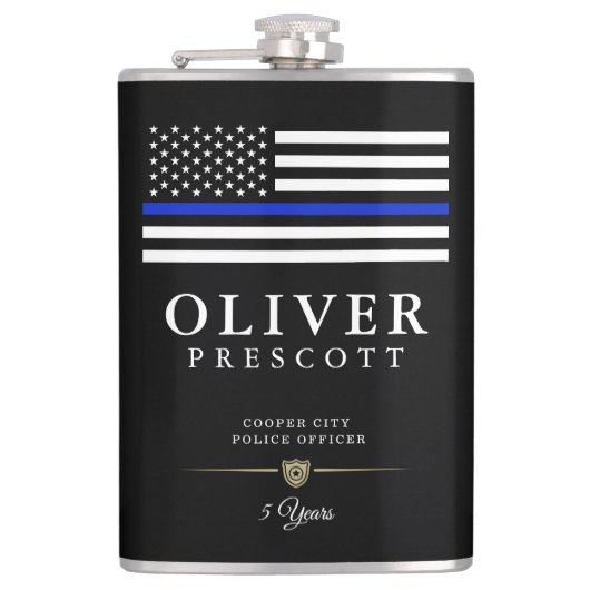 警察官|細い青い線のテーマ付き黒 フラスク (正面)