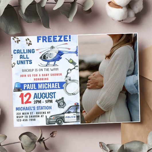 警察少年の赤ちゃんシャワーパーティー写真 招待状