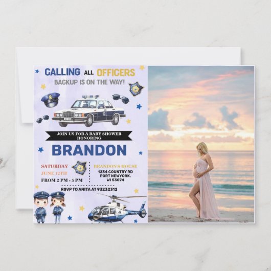 警察少年の赤ちゃんシャワーパーティー写真 招待状 (正面)