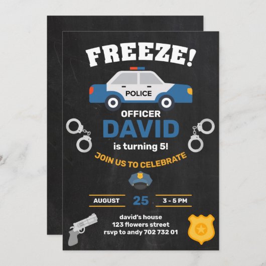 警察少年誕生日パーティーの警官、黒板 招待状 (正面/裏面)