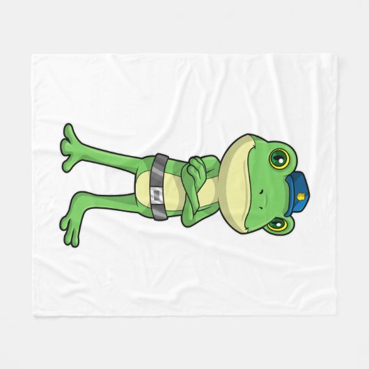 警察帽をかぶった警察官としてのカエル フリースブランケット (正面(横))