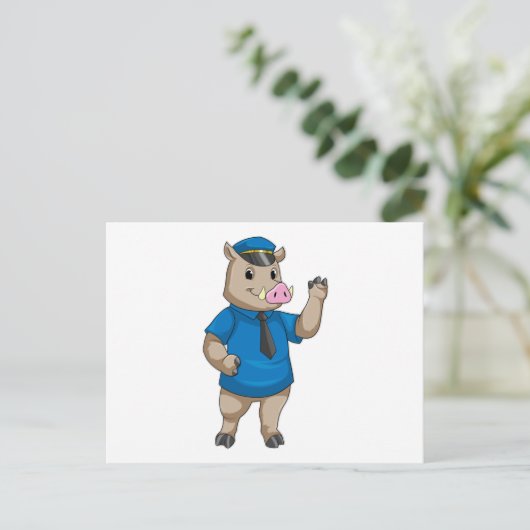 警察帽を被ったイノシシの警察官 ポストカード (スタンド正面)