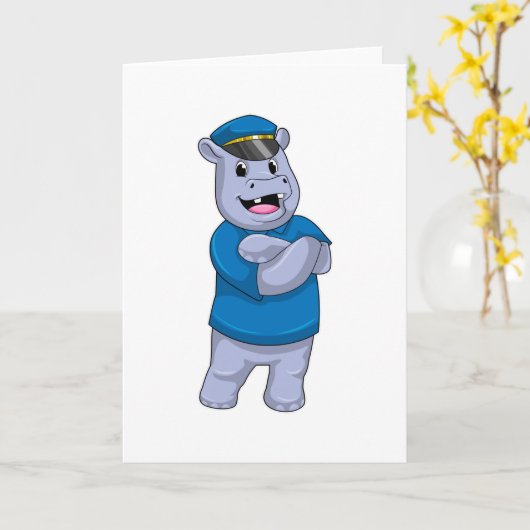 警察帽を被ったヒポポタマスの警官 カード (黄色い花)
