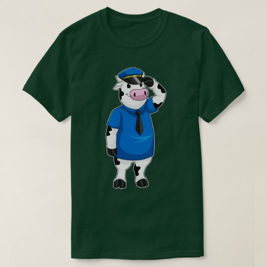 警察帽を被った警官としての牛 Tシャツ (デザイン正面)